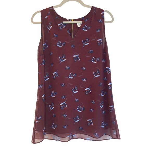 Cabi Icy Floral Bouquet Blouse Size S Burgundy Sheer Sleeveless Back Zip Fairy - Picture 1 of 7